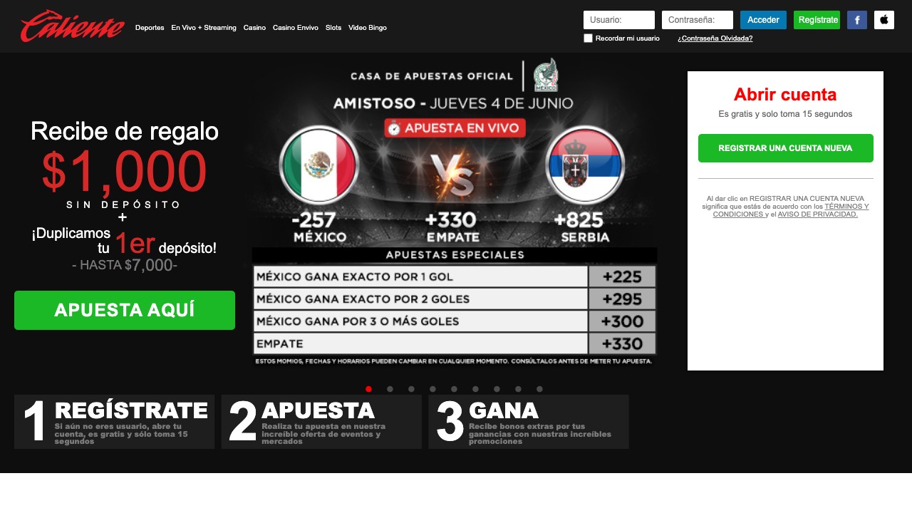 Caliente casino homepage screenshot