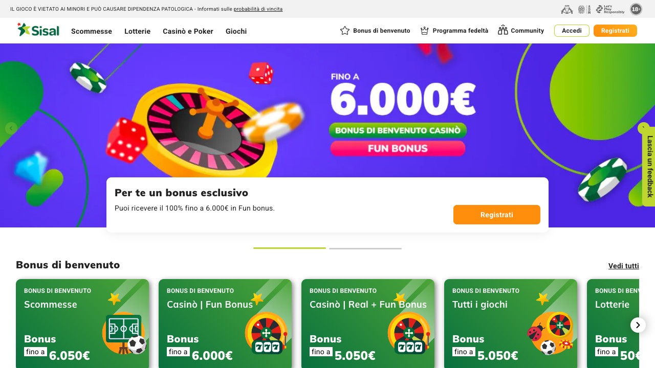 Sisal casino homepage screenshot